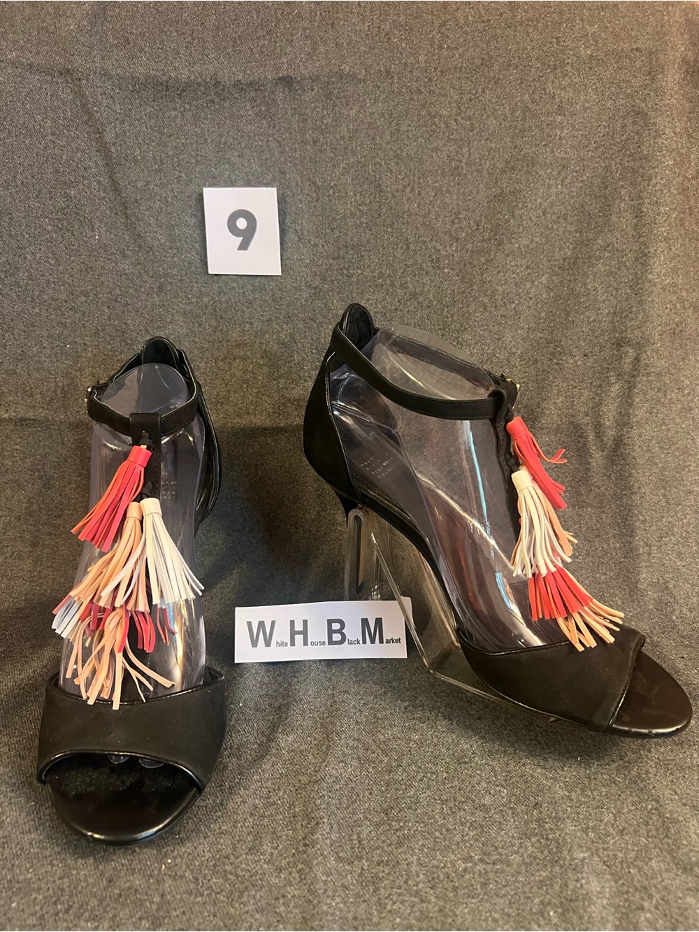 White House Black Market Black Open-Toe Heels with Pink, Cream & Coral Tassels